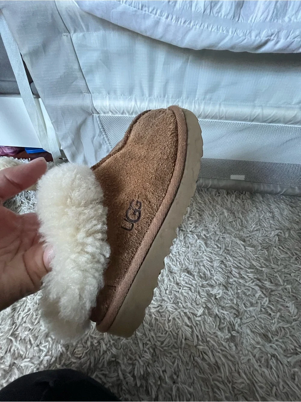 UGG Chestnut Suede Slip-On Shearling-Trim Slippers